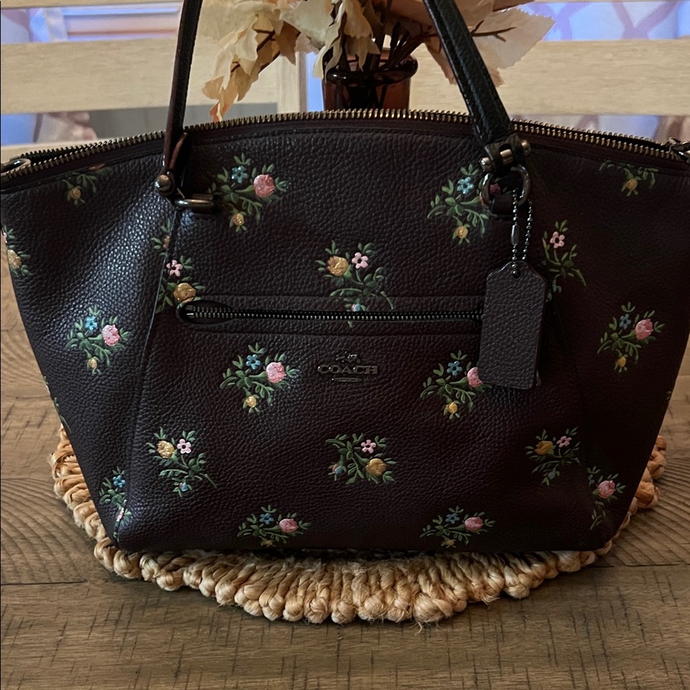Coach dark brown Leather Satchel with Floral Design